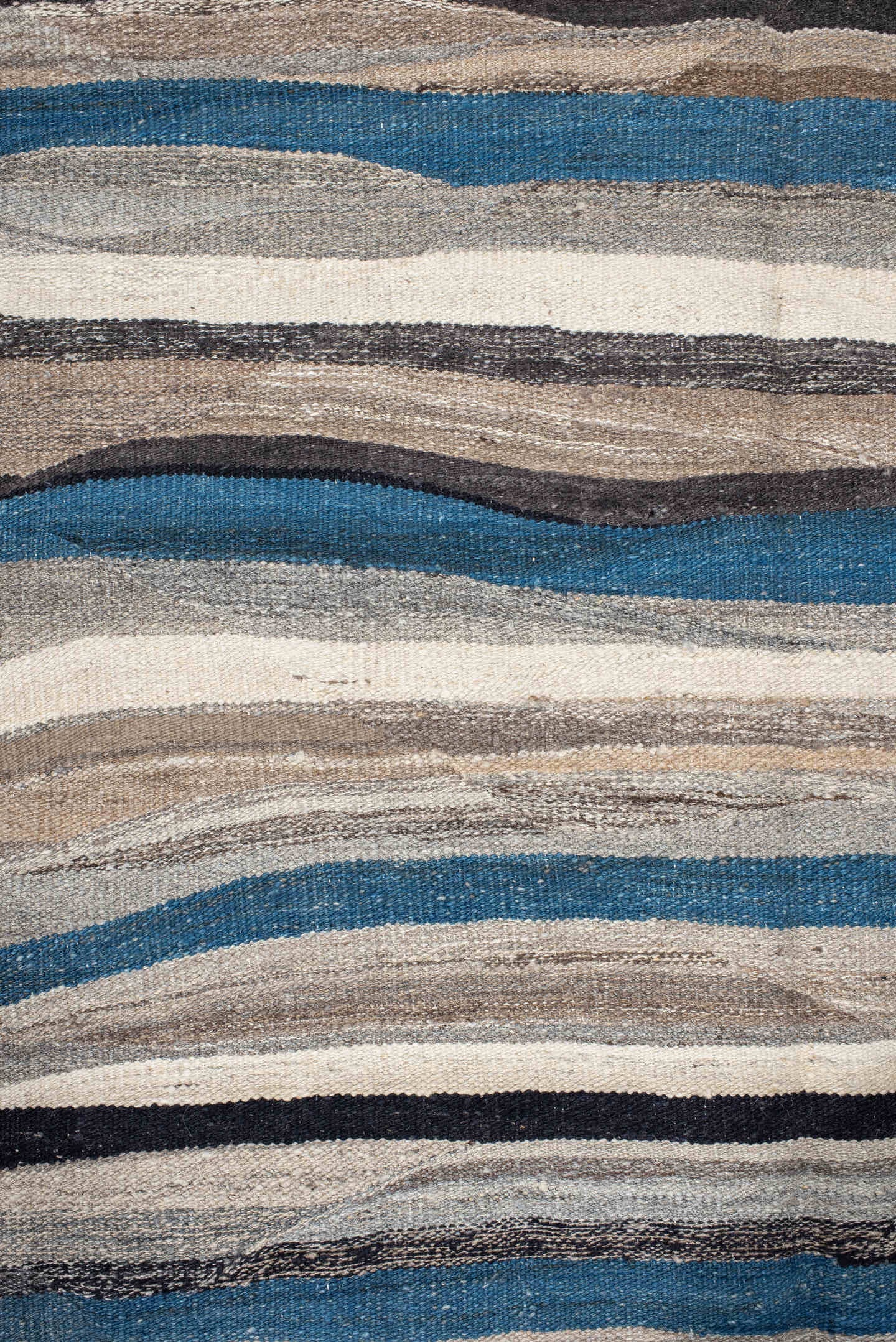 4' x 19' one-of-a-kind handmade vintage Kilim runner rug. Color palette: ivory, blue, gray, charcoal, taupe, black, beige