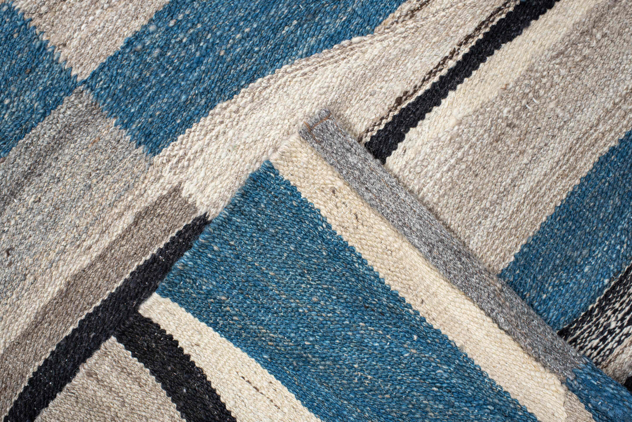 4' x 19' one-of-a-kind handmade vintage Kilim runner rug. Color palette: ivory, blue, gray, charcoal, taupe, black, beige