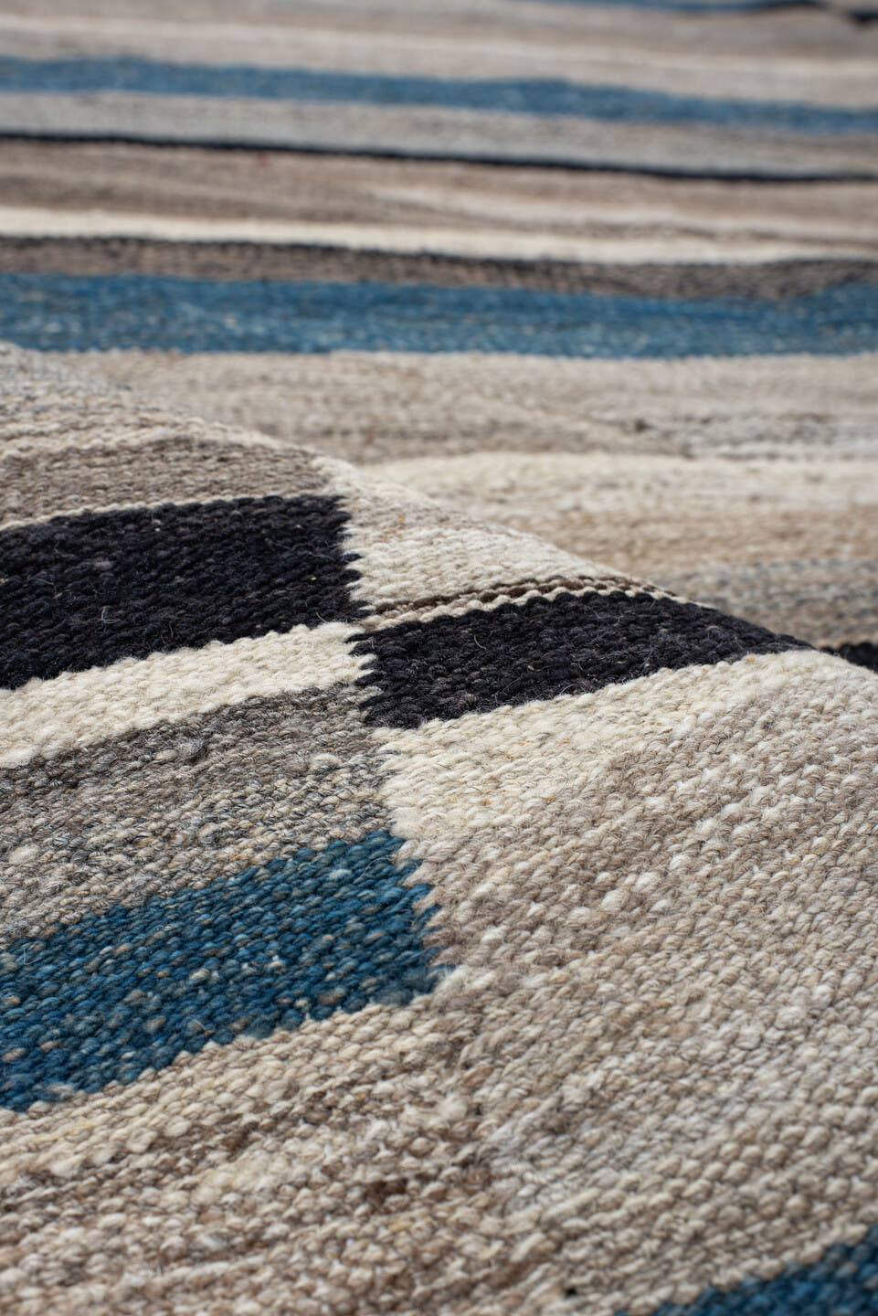 4' x 19' one-of-a-kind handmade vintage Kilim runner rug. Color palette: ivory, blue, gray, charcoal, taupe, black, beige