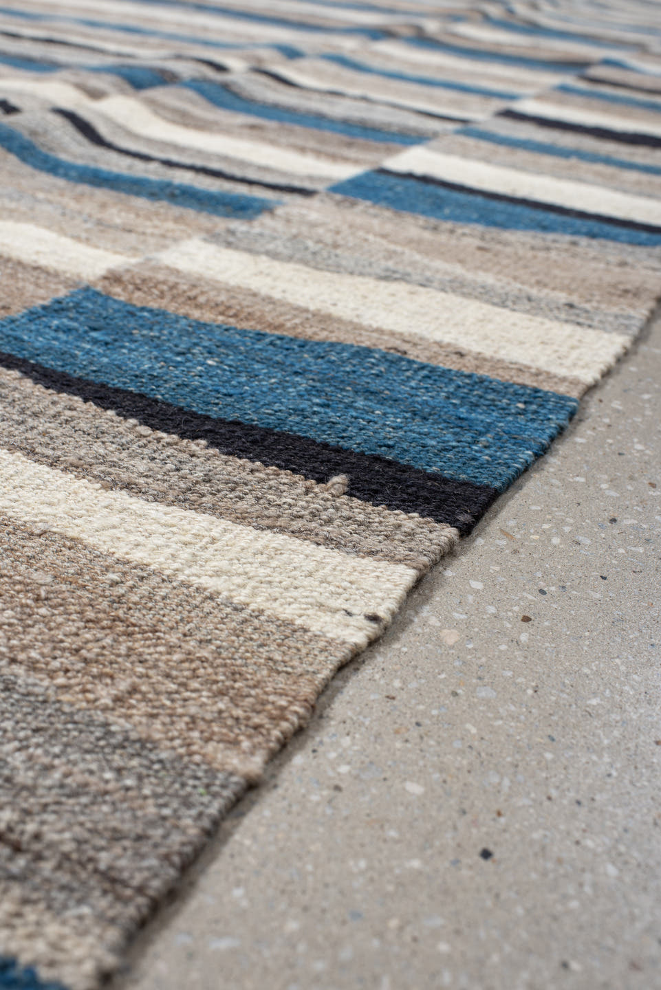4' x 19' one-of-a-kind handmade vintage Kilim runner rug. Color palette: ivory, blue, gray, charcoal, taupe, black, beige