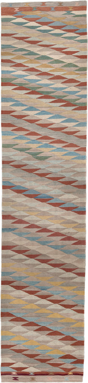 2' x 12' one-of-a-kind handmade vintage Kilim runner rug. Color palette: taupe, ivory, rust, sky blue, sage, gold, rose
