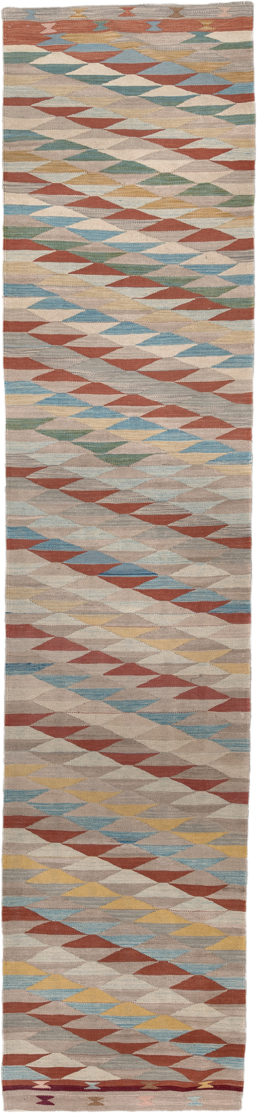 2' x 12' one-of-a-kind handmade vintage Kilim runner rug. Color palette: taupe, ivory, rust, sky blue, sage, gold, rose