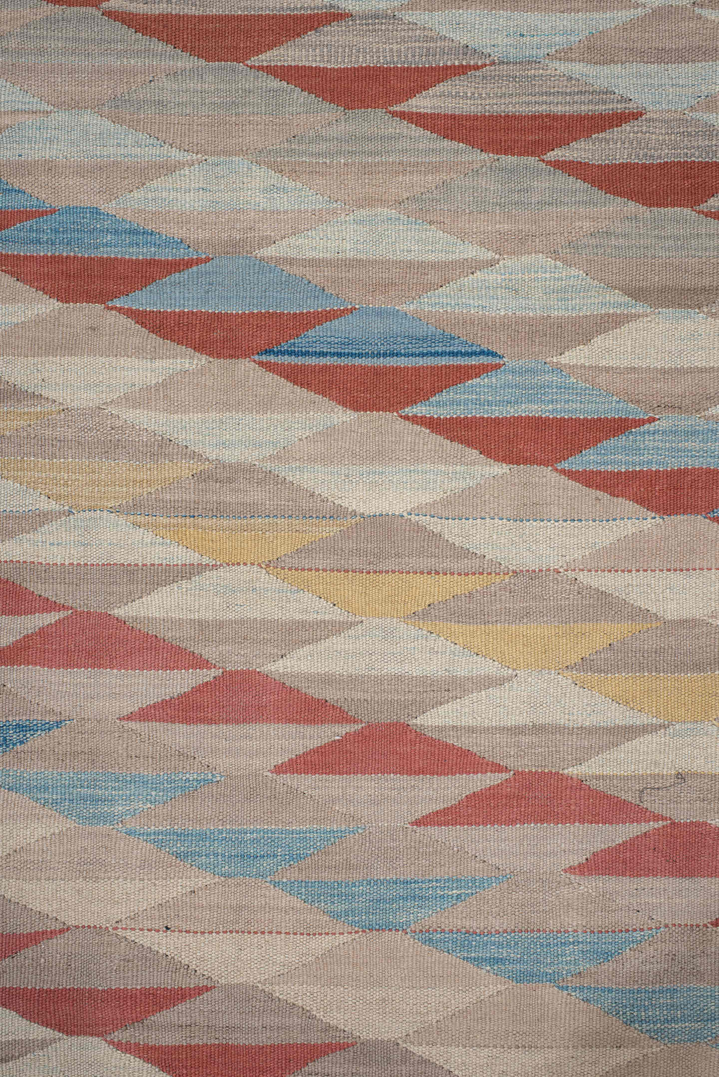 2' x 12' one-of-a-kind handmade vintage Kilim runner rug. Color palette: taupe, ivory, rust, sky blue, sage, gold, rose