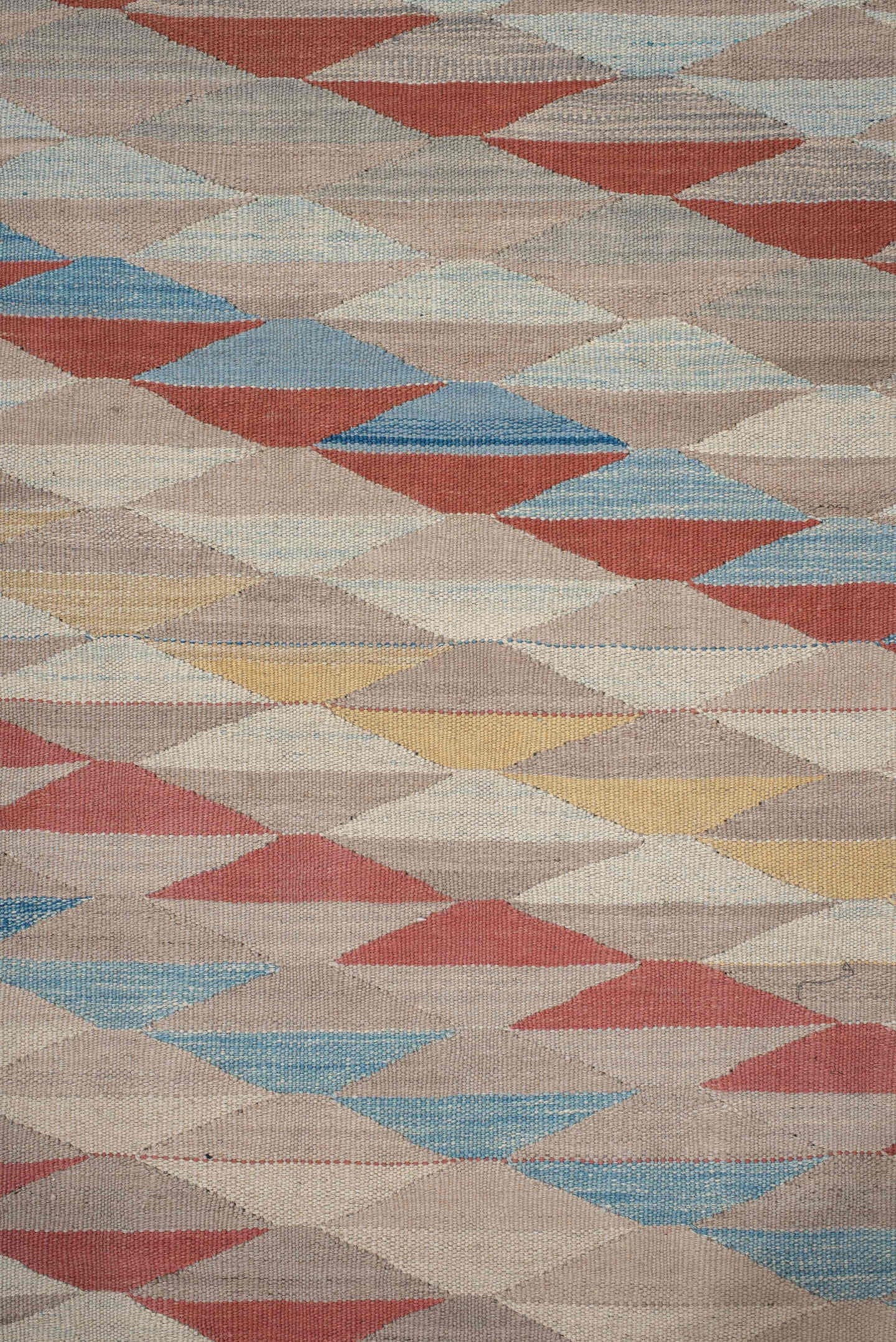 2' x 12' one-of-a-kind handmade vintage Kilim runner rug. Color palette: taupe, ivory, rust, sky blue, sage, gold, rose