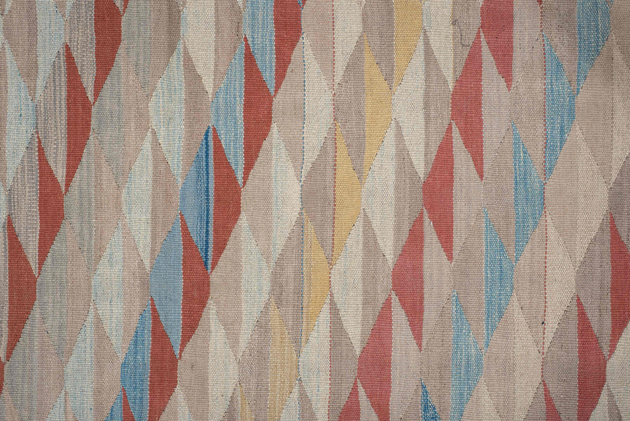 2' x 12' one-of-a-kind handmade vintage Kilim runner rug. Color palette: blue, brown, dark gray, gray, light gray, off-white