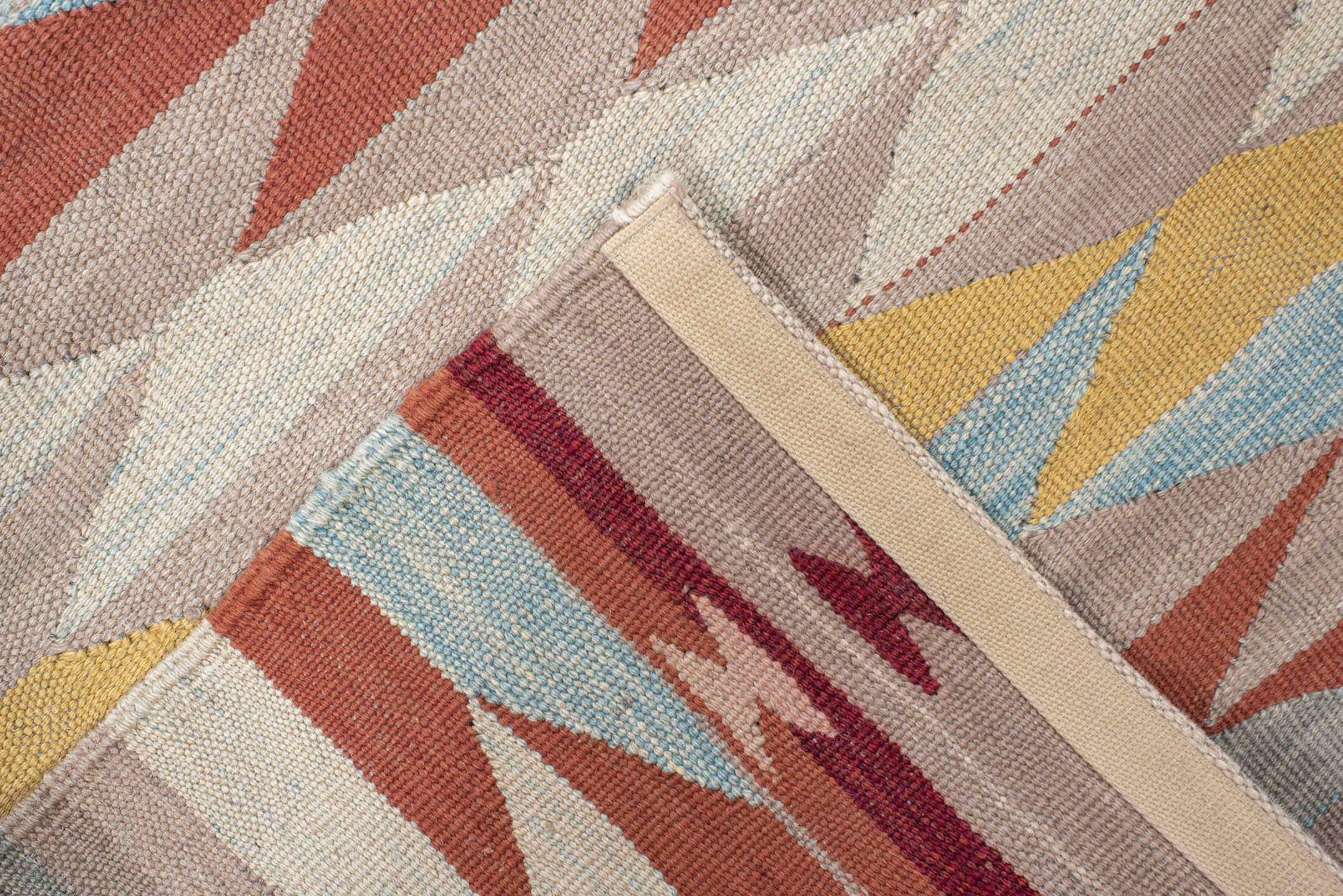 2' x 12' one-of-a-kind handmade vintage Kilim runner rug. Color palette: blue, brown, dark gray, gray, light gray, off-white