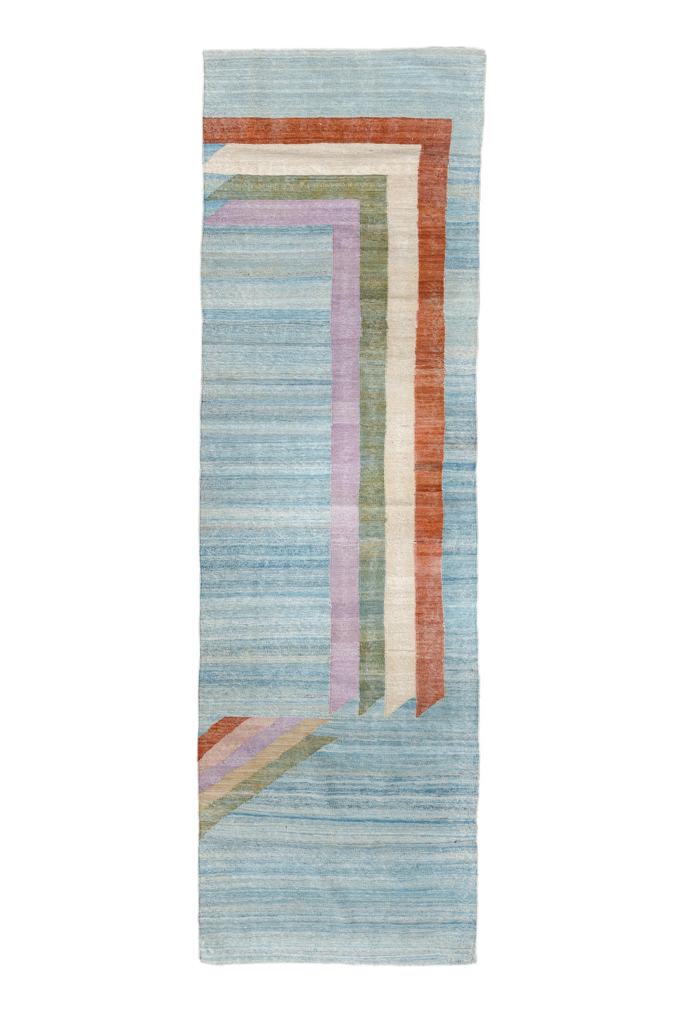 2' x 9' one-of-a-kind handmade vintage Kilim runner rug. Color palette: blue, brown, gainsboro, gray, light blue, light gray