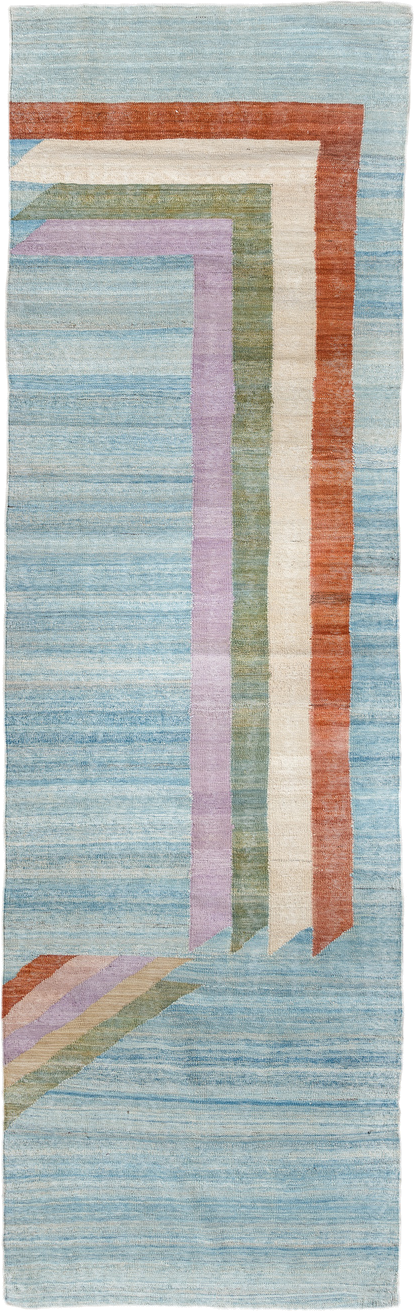 2' x 9' one-of-a-kind handmade vintage Kilim runner rug. Color palette: sky blue, rust, ivory, sage, lavender, beige