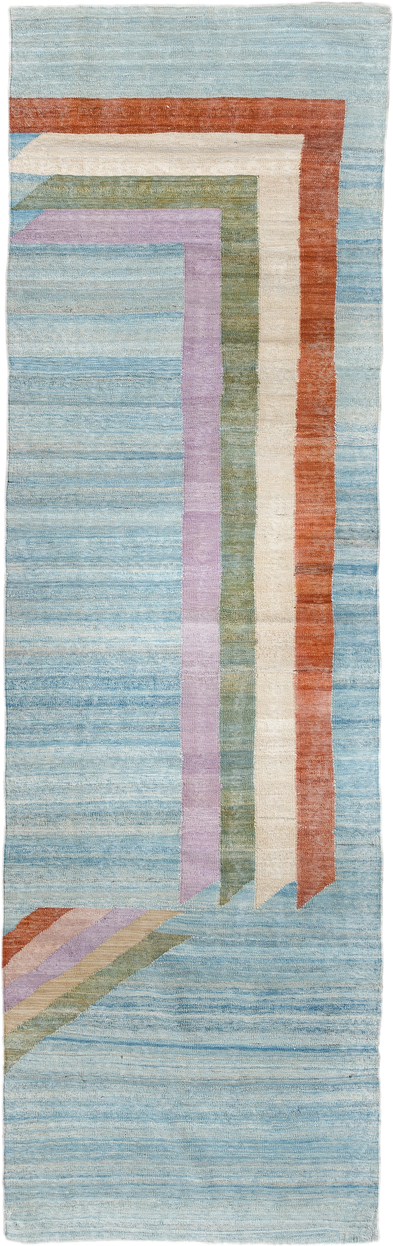 2' x 9' one-of-a-kind handmade vintage Kilim runner rug. Color palette: sky blue, rust, ivory, sage, lavender, beige