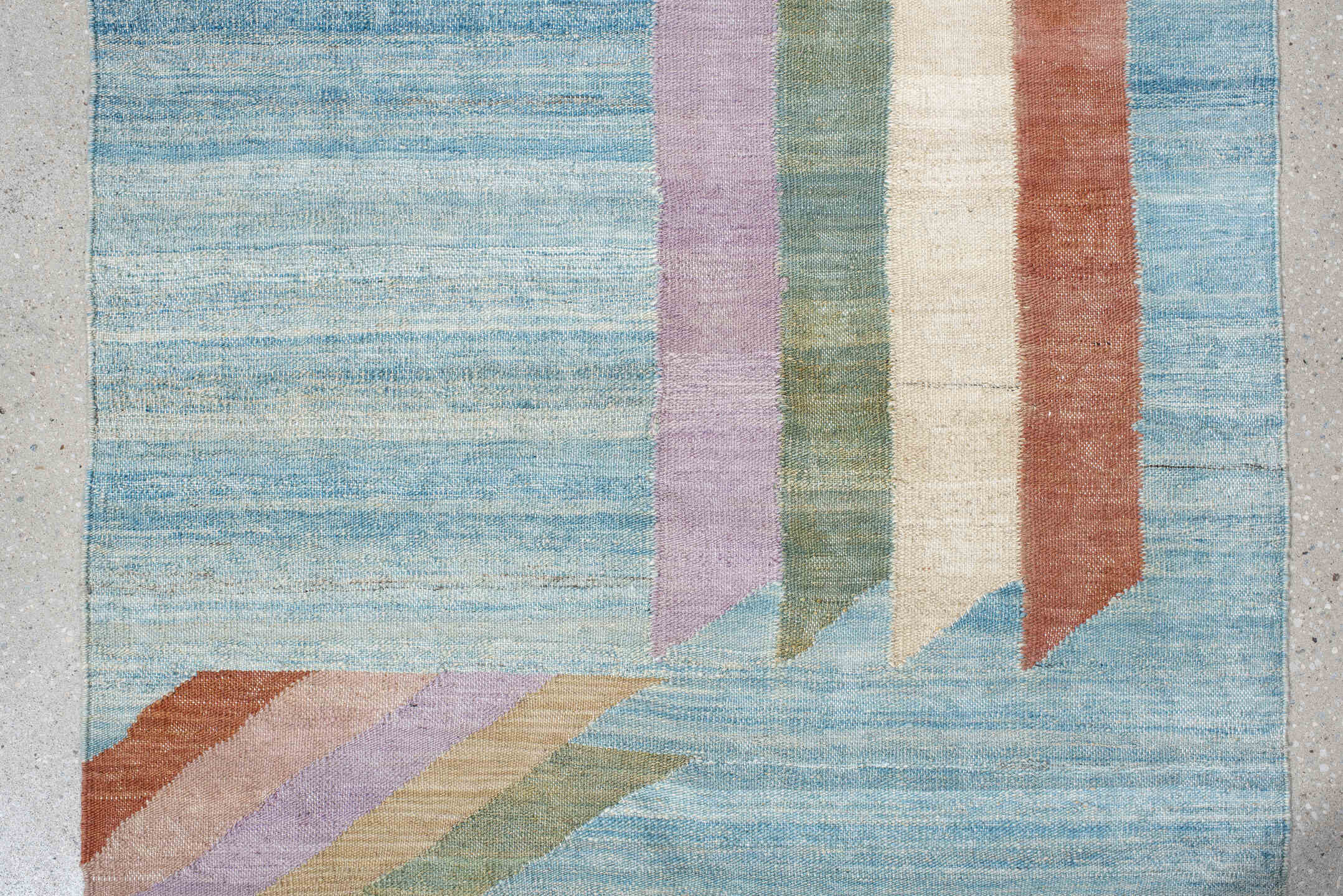 2' x 9' one-of-a-kind handmade vintage Kilim runner rug. Color palette: sky blue, rust, ivory, sage, lavender, beige