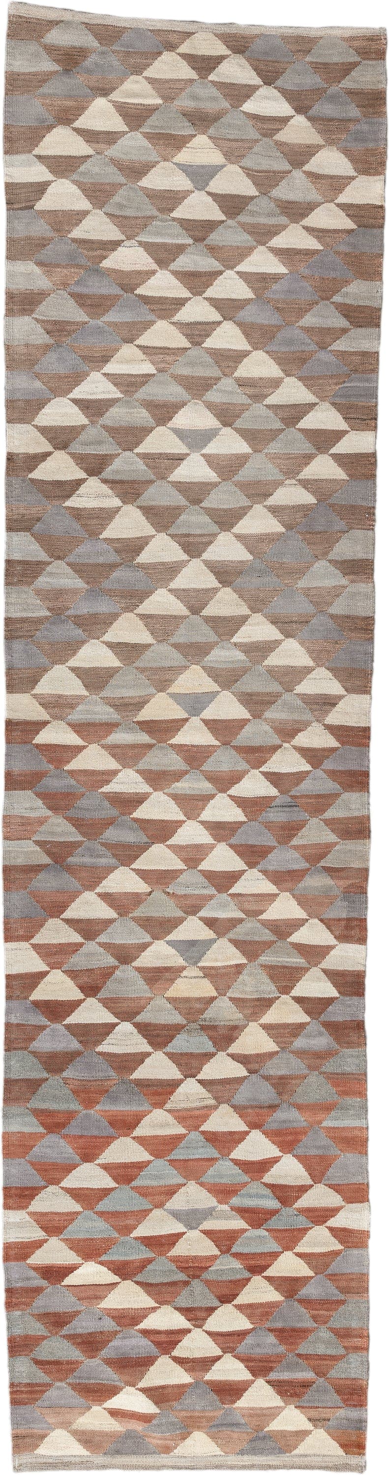 2' x 10' one-of-a-kind handmade vintage Kilim runner rug. Color palette: taupe, ivory, slate, terra cotta, camel, gray