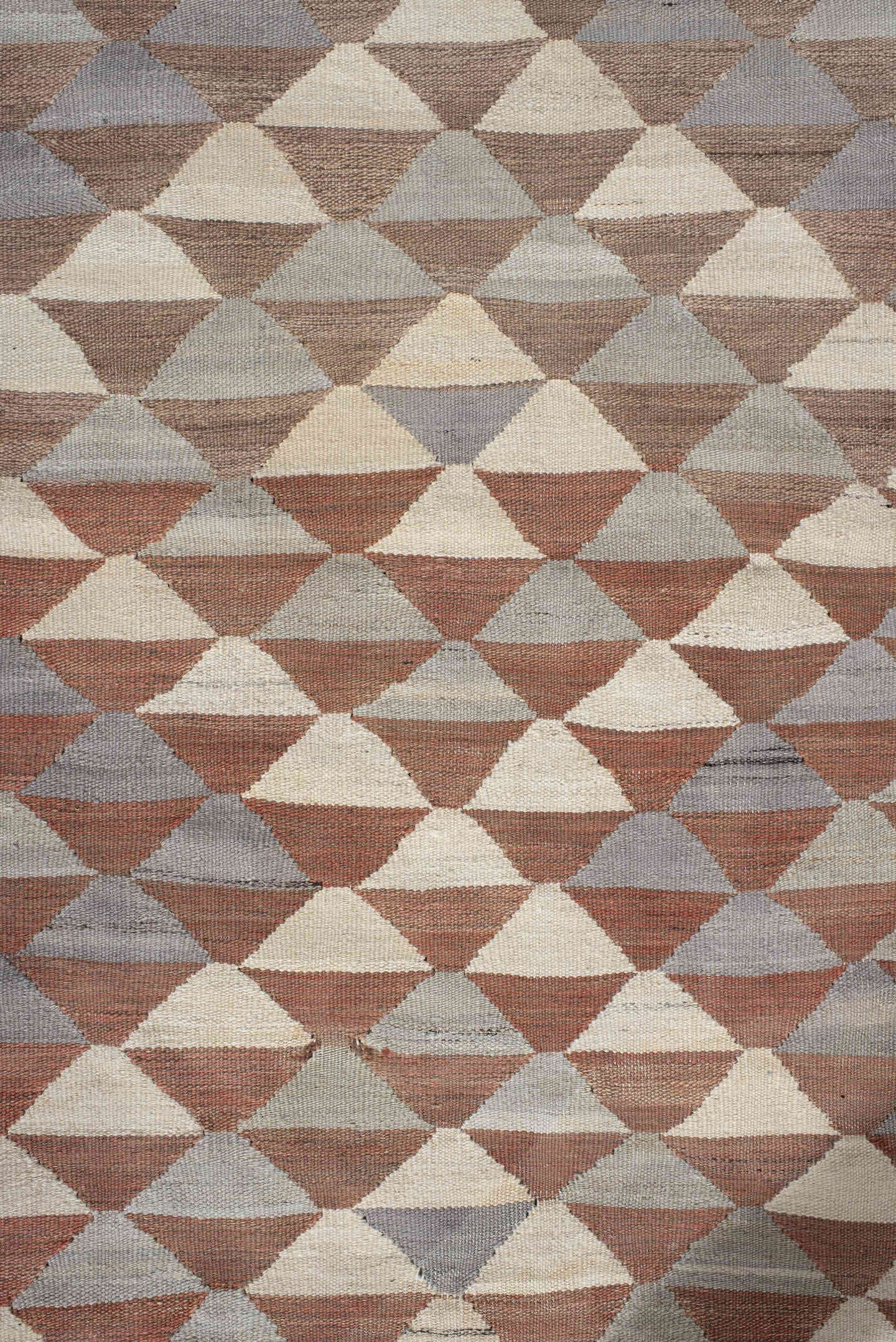 2' x 10' one-of-a-kind handmade vintage Kilim runner rug. Color palette: taupe, ivory, slate, terra cotta, camel, gray