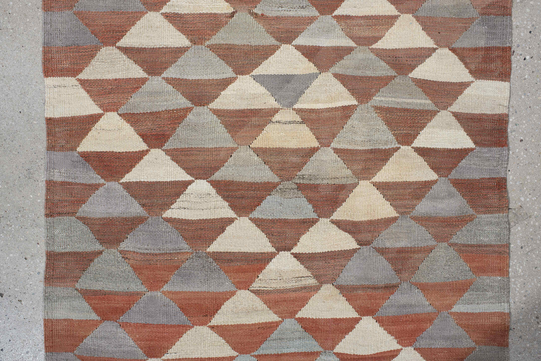 2' x 10' one-of-a-kind handmade vintage Kilim runner rug. Color palette: taupe, ivory, slate, terra cotta, camel, gray