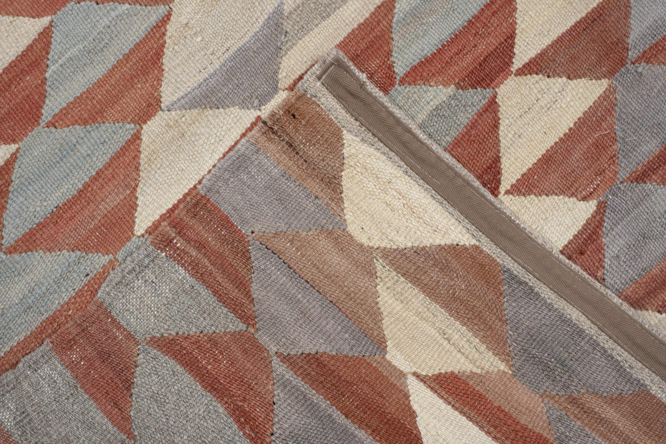 2' x 10' one-of-a-kind handmade vintage Kilim runner rug. Color palette: taupe, ivory, slate, terra cotta, camel, gray