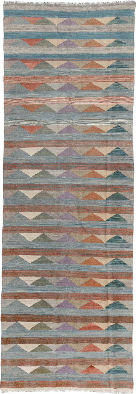 3' x 9' one-of-a-kind handmade vintage Kilim runner rug. Color palette: sky blue, taupe, terra cotta, ivory, sage, lavender