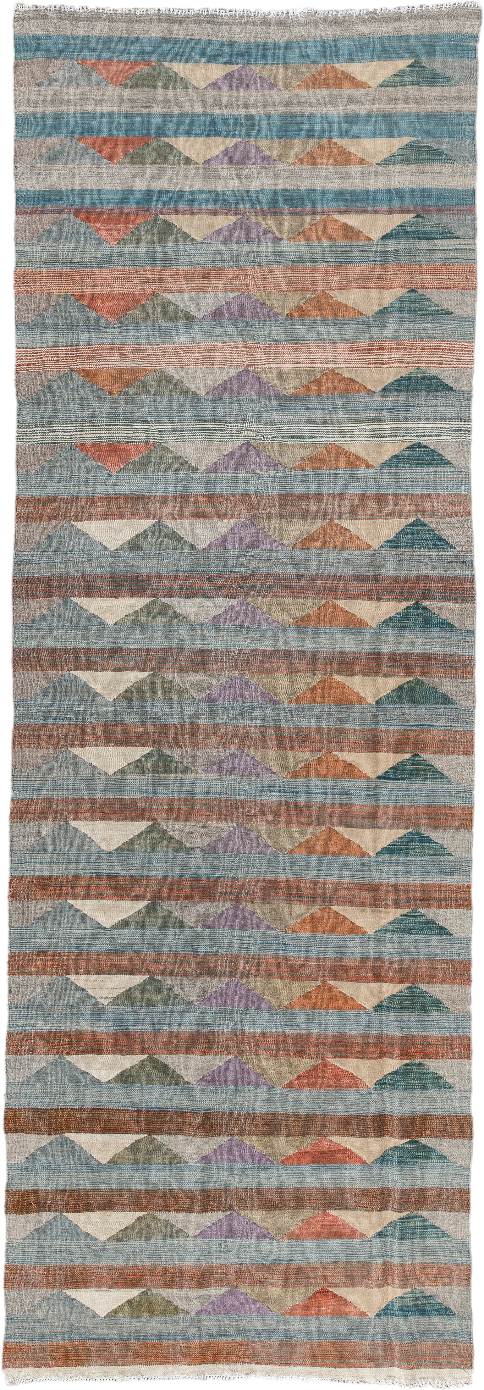 3' x 9' one-of-a-kind handmade vintage Kilim runner rug. Color palette: sky blue, taupe, terra cotta, ivory, sage, lavender