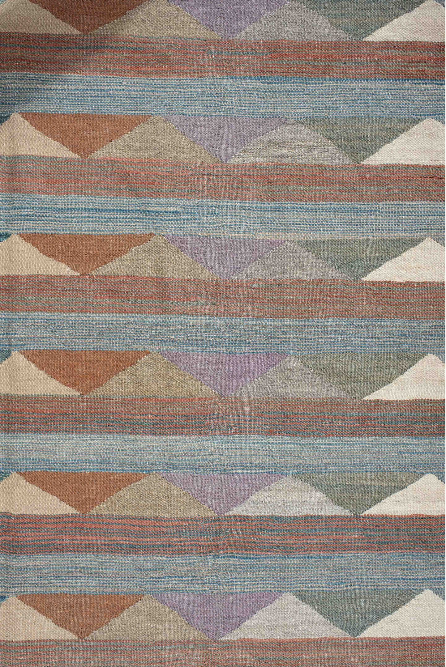 3' x 9' one-of-a-kind handmade vintage Kilim runner rug. Color palette: sky blue, taupe, terra cotta, ivory, sage, lavender