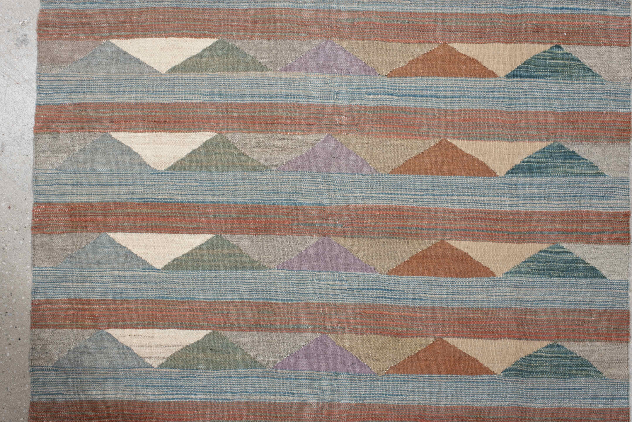 3' x 9' one-of-a-kind handmade vintage Kilim runner rug. Color palette: sky blue, taupe, terra cotta, ivory, sage, lavender