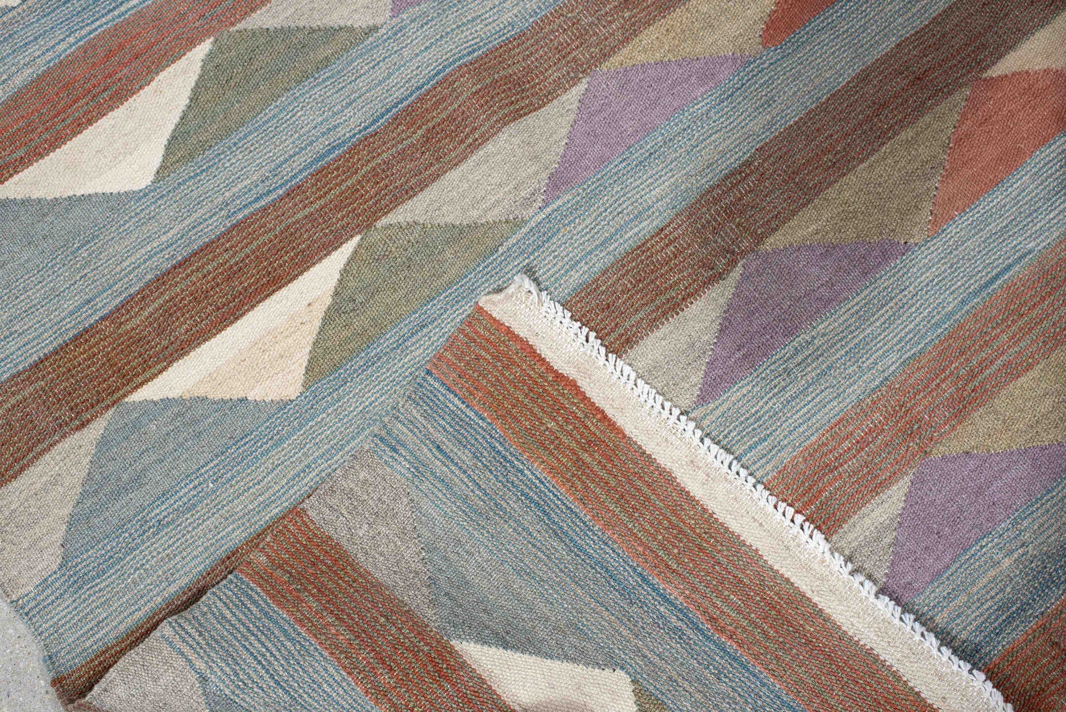 3' x 9' one-of-a-kind handmade vintage Kilim runner rug. Color palette: sky blue, taupe, terra cotta, ivory, sage, lavender