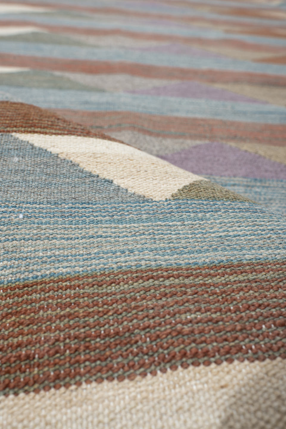 3' x 9' one-of-a-kind handmade vintage Kilim runner rug. Color palette: sky blue, taupe, terra cotta, ivory, sage, lavender