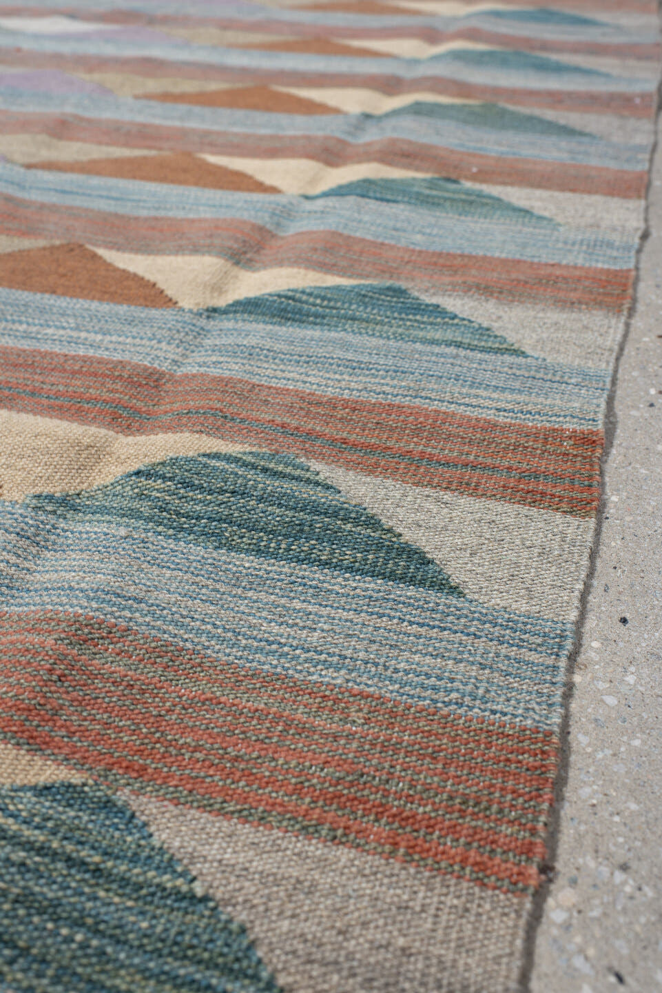 3' x 9' one-of-a-kind handmade vintage Kilim runner rug. Color palette: sky blue, taupe, terra cotta, ivory, sage, lavender
