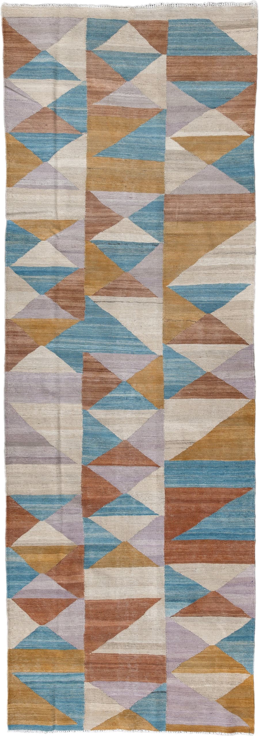 3' x 9' one-of-a-kind handmade vintage Kilim runner rug. Color palette: ivory, sky blue, camel, rose, lavender, tan