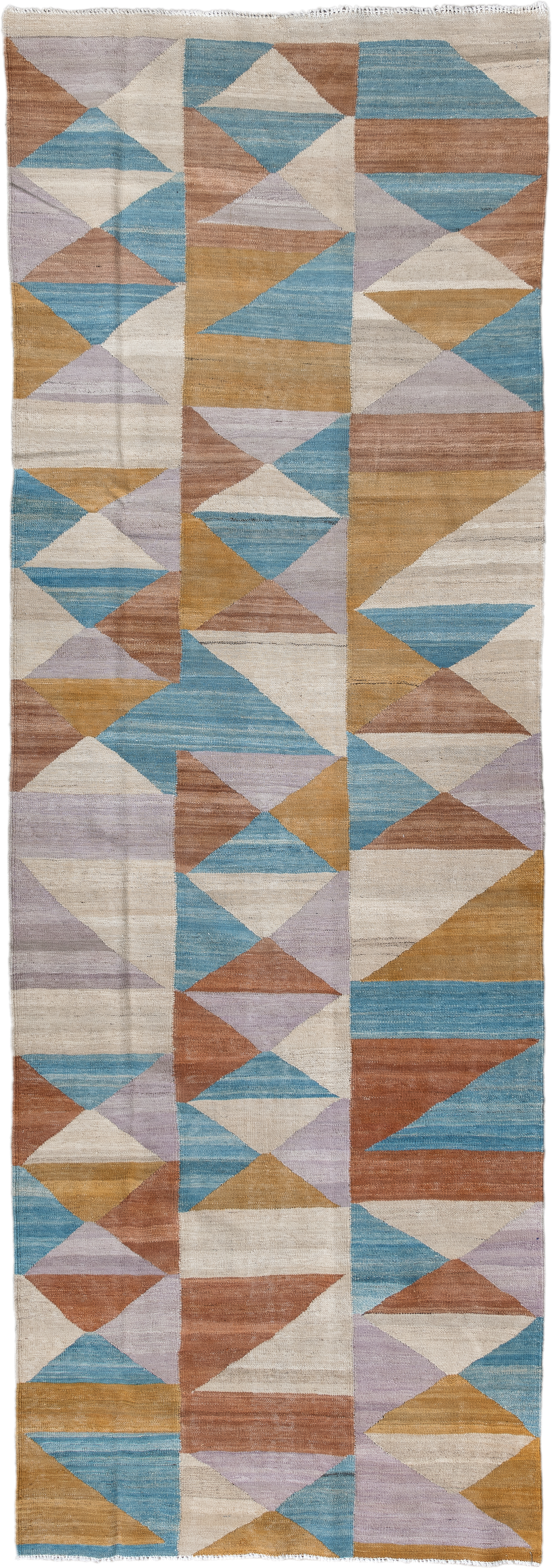 3' x 9' one-of-a-kind handmade vintage Kilim runner rug. Color palette: ivory, sky blue, camel, rose, lavender, tan