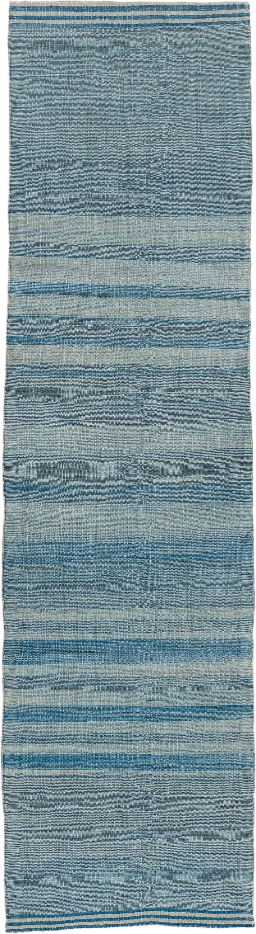 2' x 9' one-of-a-kind handmade vintage Kilim runner rug. Color palette: sky blue, ivory, teal, light blue