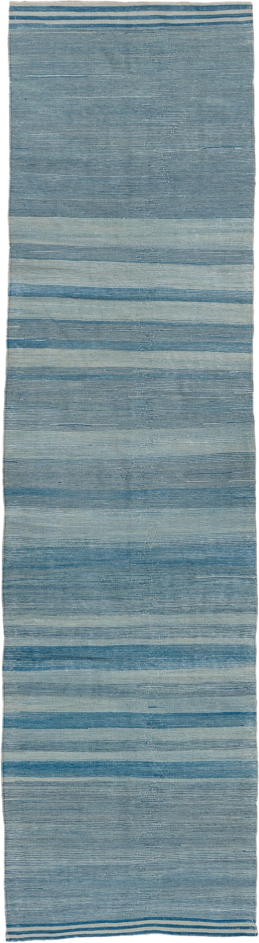 2' x 9' one-of-a-kind handmade vintage Kilim runner rug. Color palette: sky blue, ivory, teal, light blue