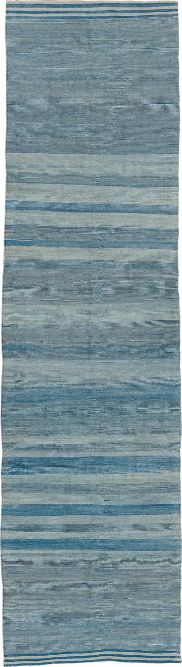 2' x 9' one-of-a-kind handmade vintage Kilim runner rug. Color palette: sky blue, ivory, teal, light blue