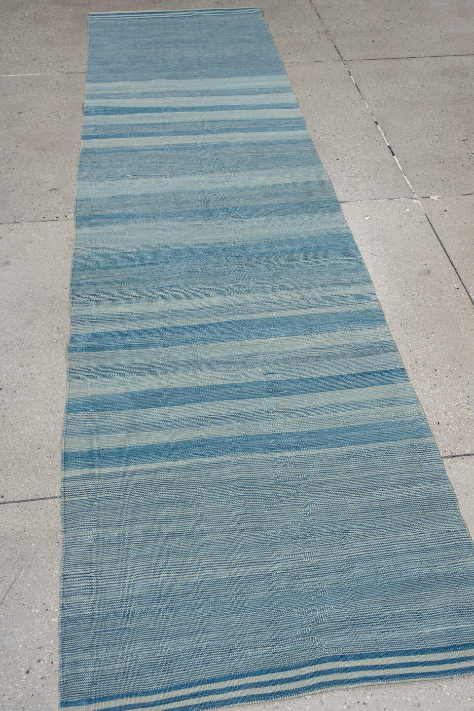 2' x 9' one-of-a-kind handmade vintage Kilim runner rug. Color palette: sky blue, ivory, teal, light blue