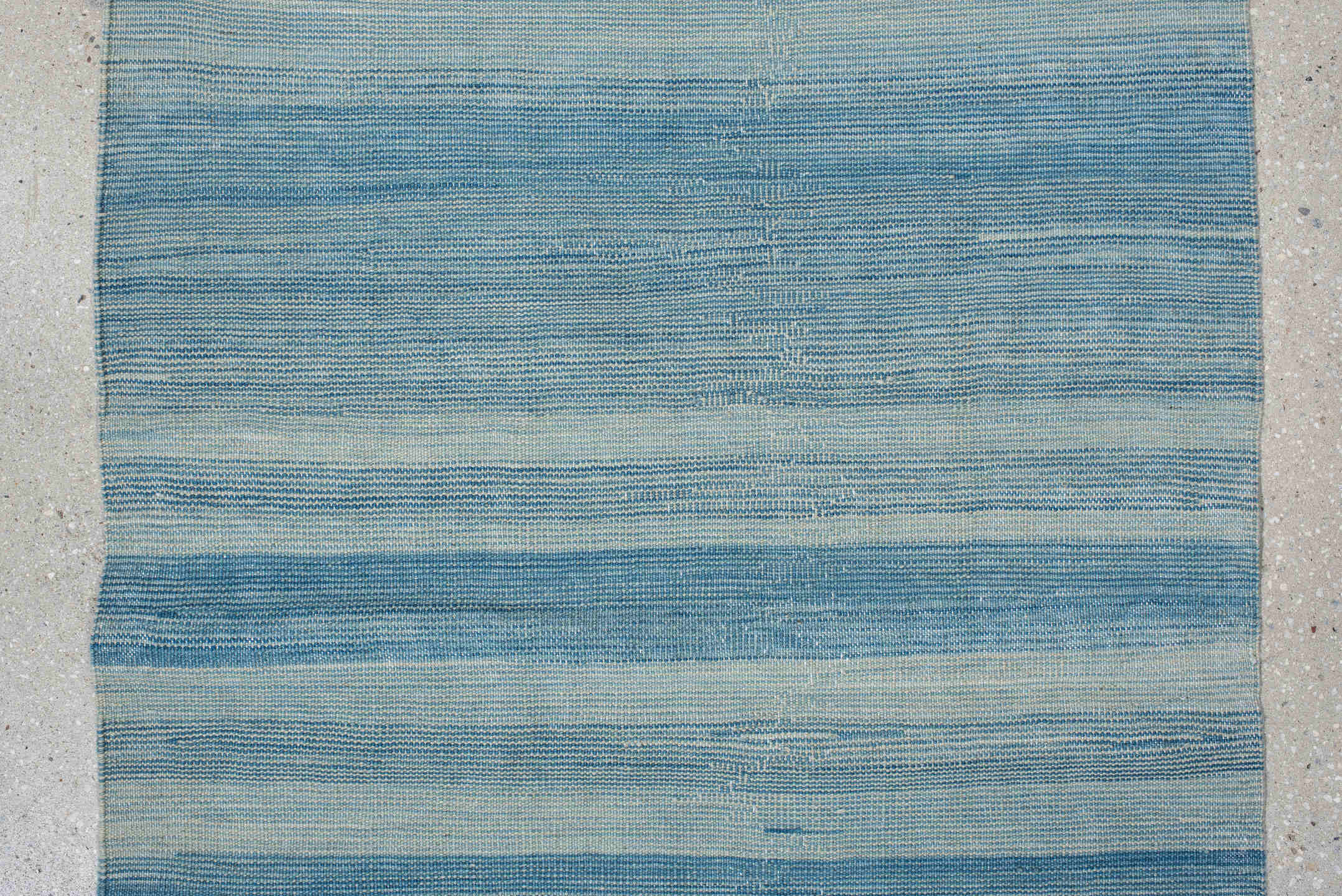2' x 9' one-of-a-kind handmade vintage Kilim runner rug. Color palette: sky blue, ivory, teal, light blue