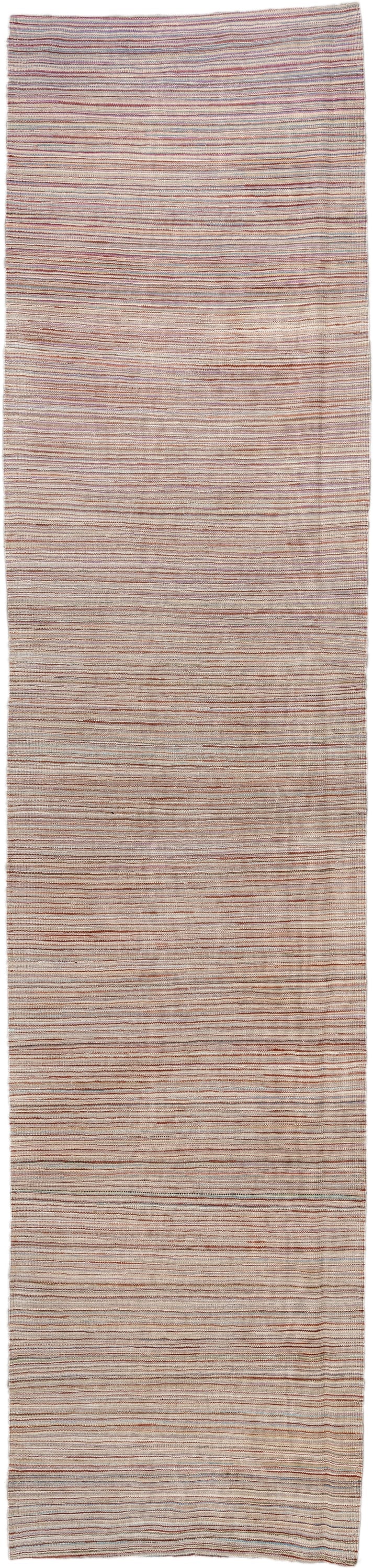 2' x 12' one-of-a-kind handmade vintage Kilim runner rug. Color palette: ivory, rust, slate, muted blue, taupe, terracotta