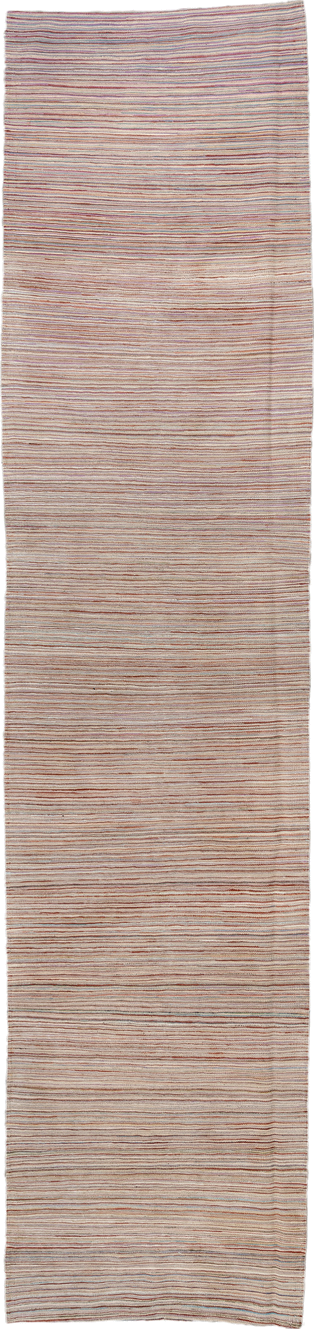 2' x 12' one-of-a-kind handmade vintage Kilim runner rug. Color palette: ivory, rust, slate, muted blue, taupe, terracotta