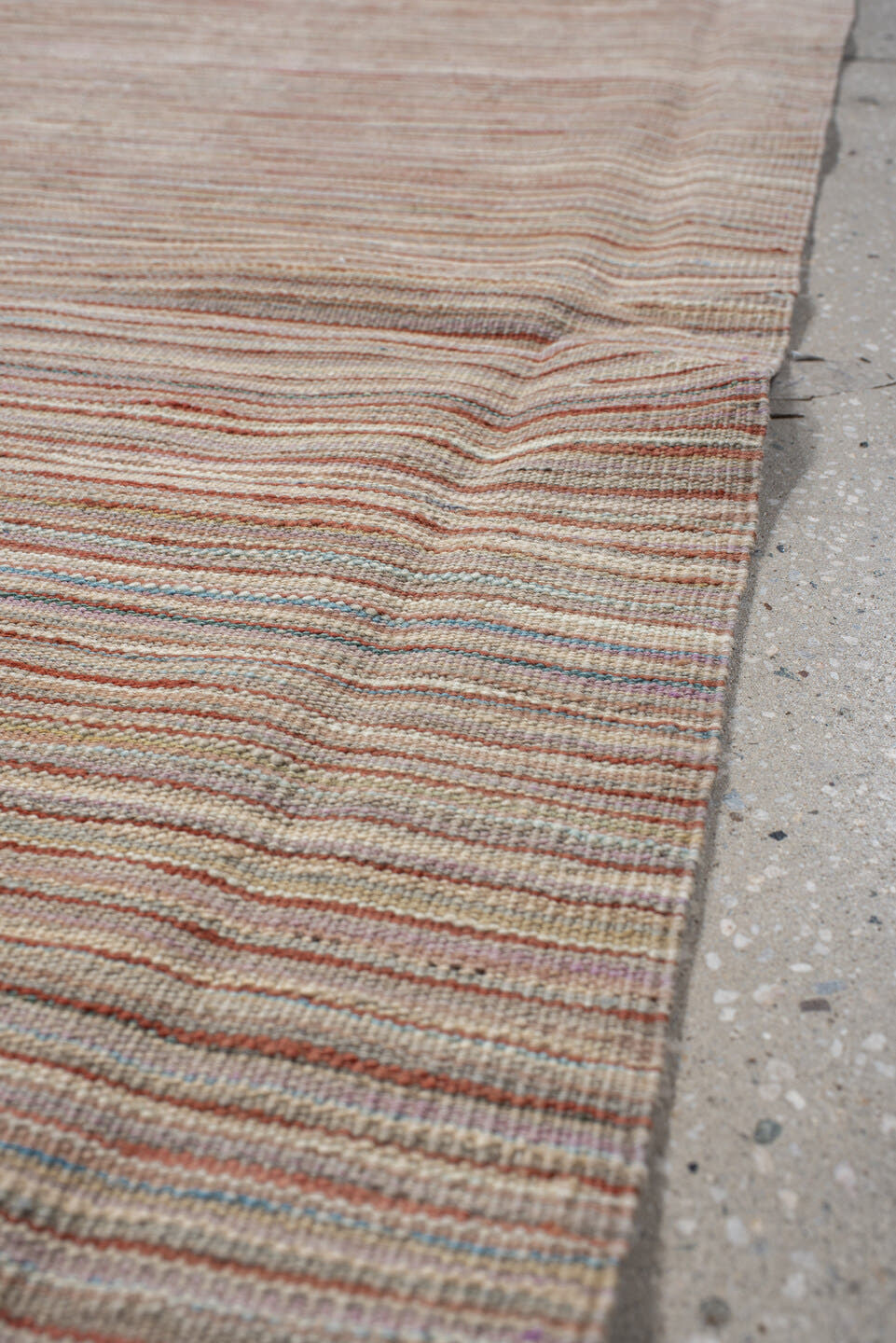 2' x 12' one-of-a-kind handmade vintage Kilim runner rug. Color palette: ivory, rust, slate, muted blue, taupe, terracotta