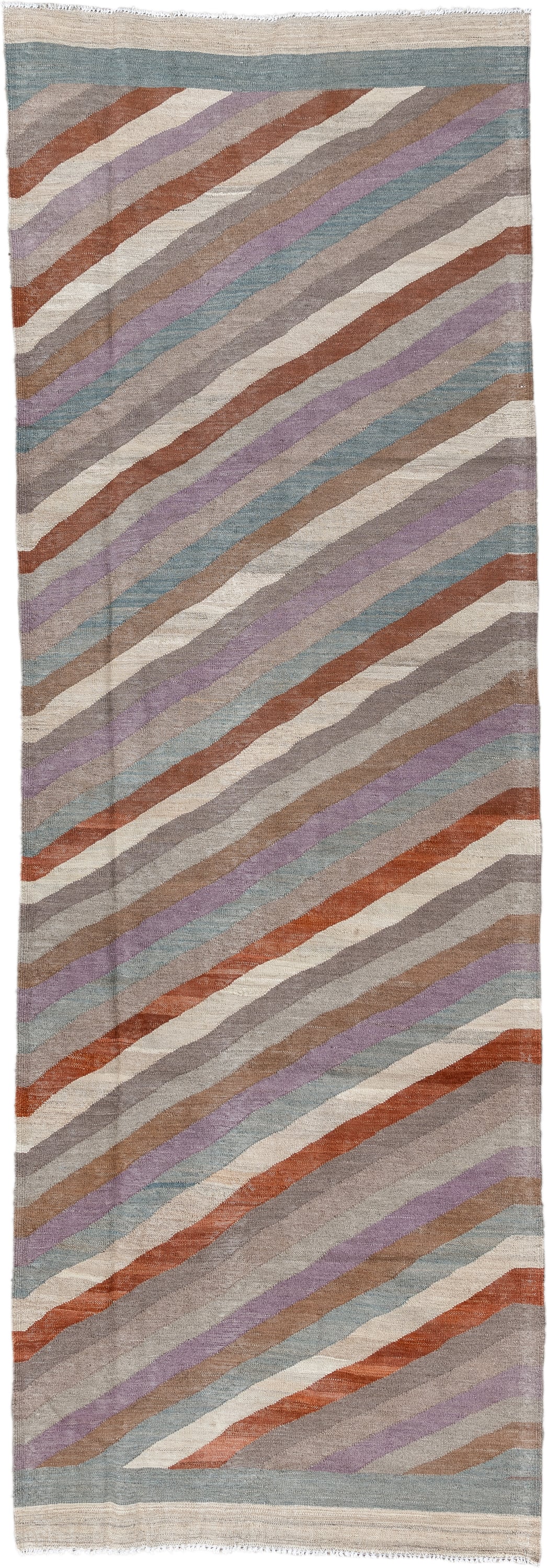 3' x 9' one-of-a-kind handmade vintage Kilim runner rug. Color palette: taupe, ivory, rust, lavender, pale_blue, camel