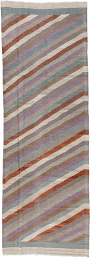 3' x 9' one-of-a-kind handmade vintage Kilim runner rug. Color palette: taupe, ivory, rust, lavender, pale_blue, camel