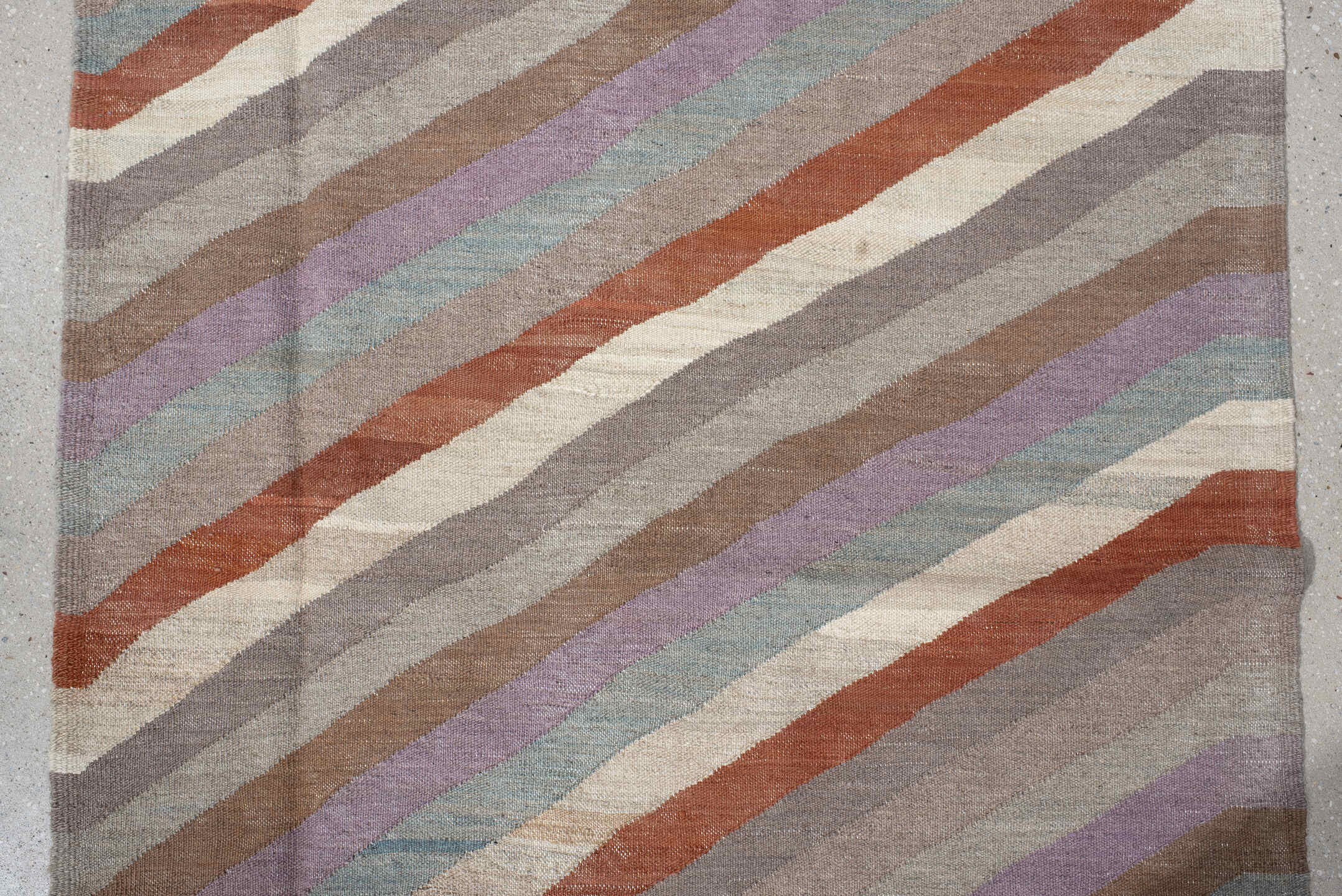3' x 9' one-of-a-kind handmade vintage Kilim runner rug. Color palette: taupe, ivory, rust, lavender, pale_blue, camel