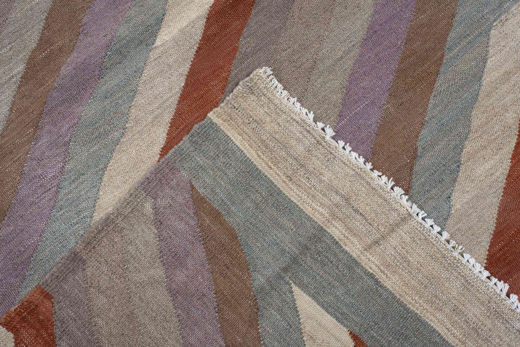 3' x 9' one-of-a-kind handmade vintage Kilim runner rug. Color palette: taupe, ivory, rust, lavender, pale_blue, camel
