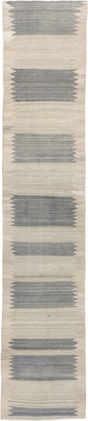 2' x 13' one-of-a-kind handmade vintage Kilim runner rug. Color palette: ivory, slate, cream, taupe, gray, beige