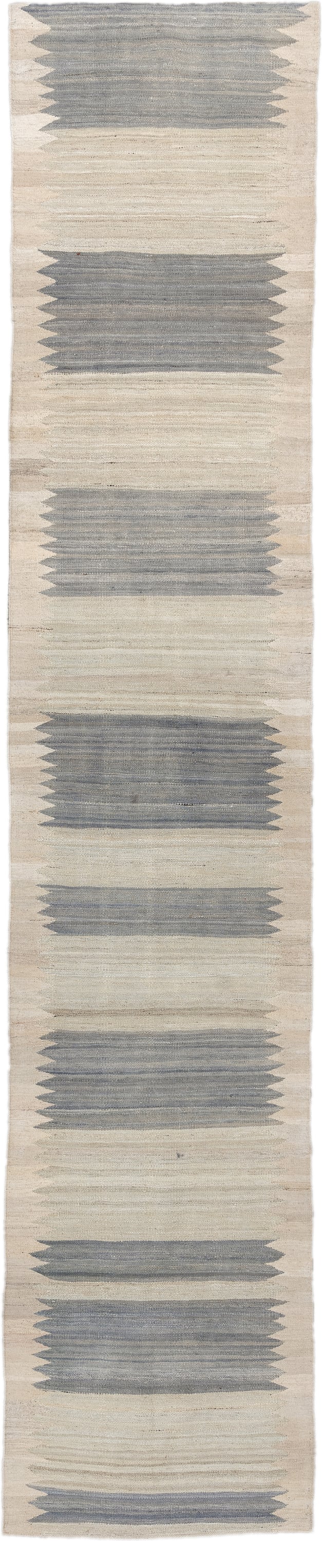 2' x 13' one-of-a-kind handmade vintage Kilim runner rug. Color palette: ivory, slate, cream, taupe, gray, beige