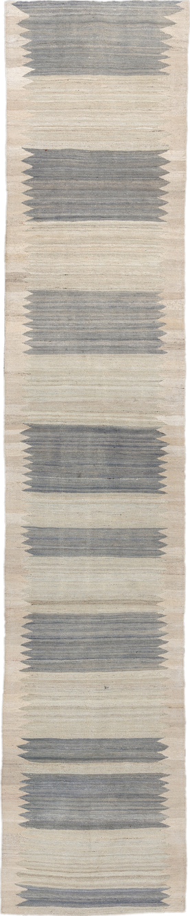 2' x 13' one-of-a-kind handmade vintage Kilim runner rug. Color palette: ivory, slate, cream, taupe, gray, beige