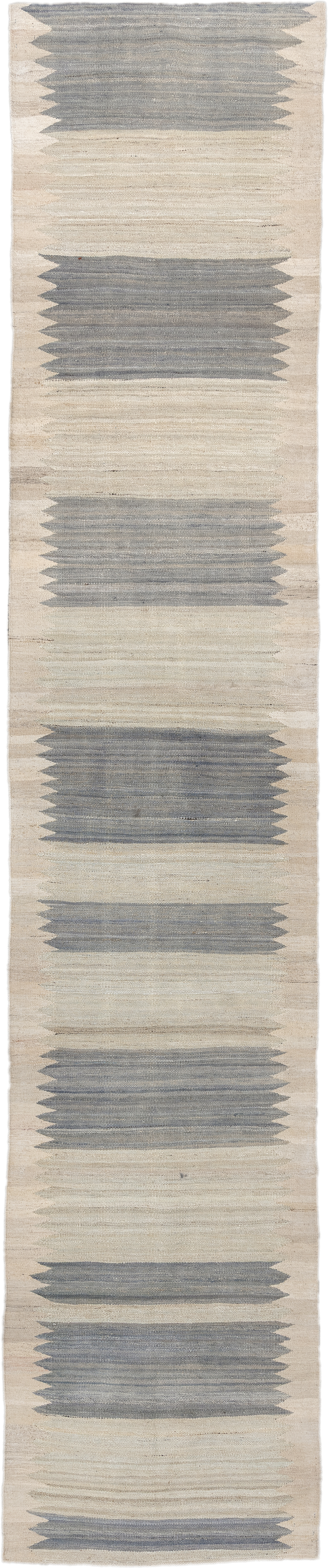 2' x 13' one-of-a-kind handmade vintage Kilim runner rug. Color palette: ivory, slate, cream, taupe, gray, beige