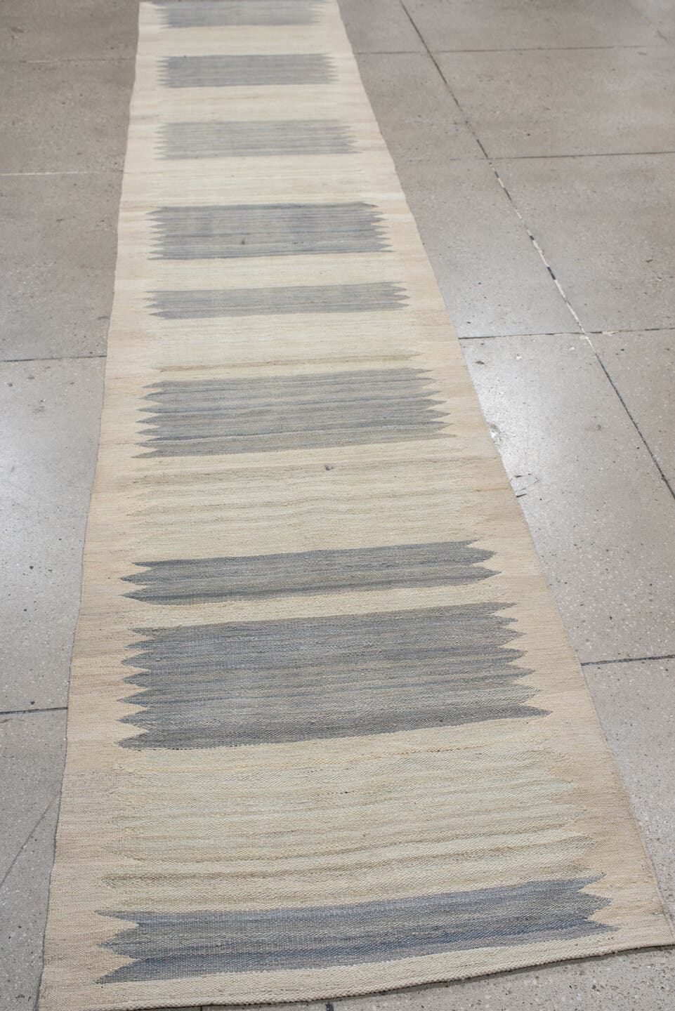 2' x 13' one-of-a-kind handmade vintage Kilim runner rug. Color palette: ivory, slate, cream, taupe, gray, beige