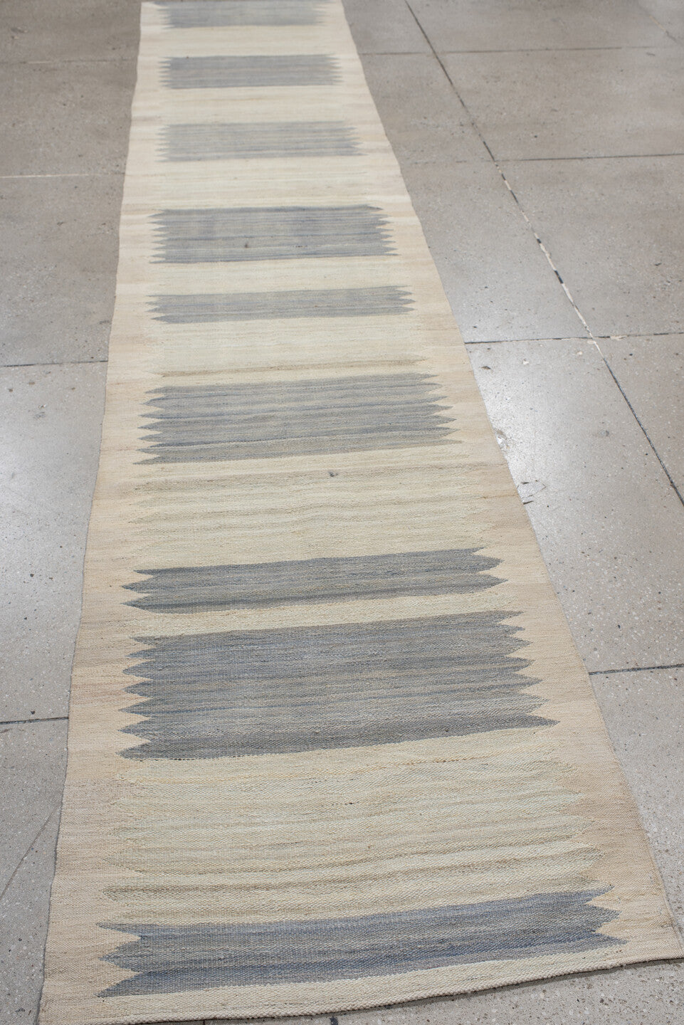 2' x 13' one-of-a-kind handmade vintage Kilim runner rug. Color palette: ivory, slate, cream, taupe, gray, beige