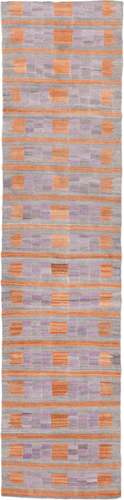 2' x 9' one-of-a-kind handmade vintage Kilim runner rug. Color palette: gray, peach, lavender, taupe, terracotta, pink