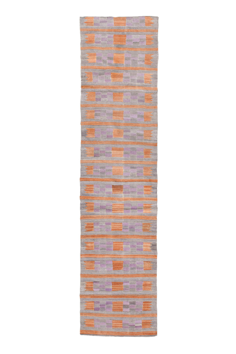 2' x 9' one-of-a-kind handmade vintage Kilim runner rug. Color palette: brown, gray, light gray, off-white, pink