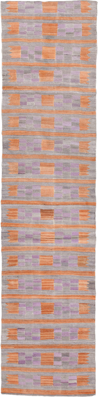 2' x 9' one-of-a-kind handmade vintage Kilim runner rug. Color palette: gray, peach, lavender, taupe, terracotta, pink