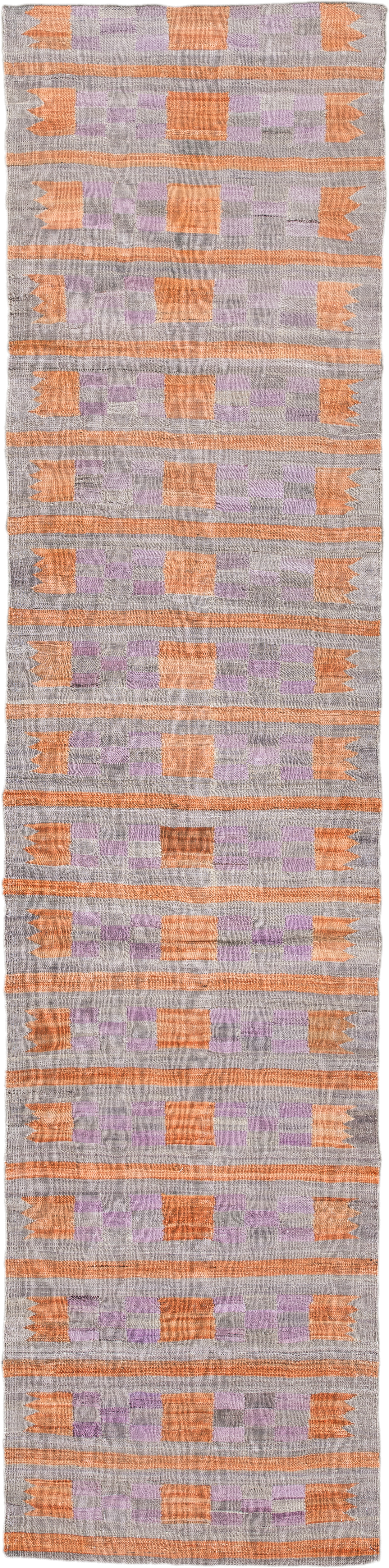 2' x 9' one-of-a-kind handmade vintage Kilim runner rug. Color palette: gray, peach, lavender, taupe, terracotta, pink