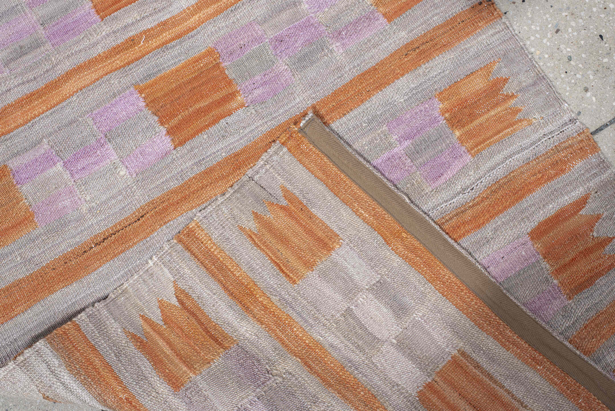 2' x 9' one-of-a-kind handmade vintage Kilim runner rug. Color palette: gray, peach, lavender, taupe, terracotta, pink